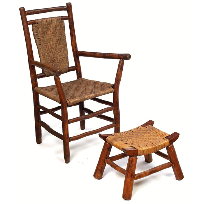 Appraisal: Old Hickory armchair and footstool re-woven hickory splint back and