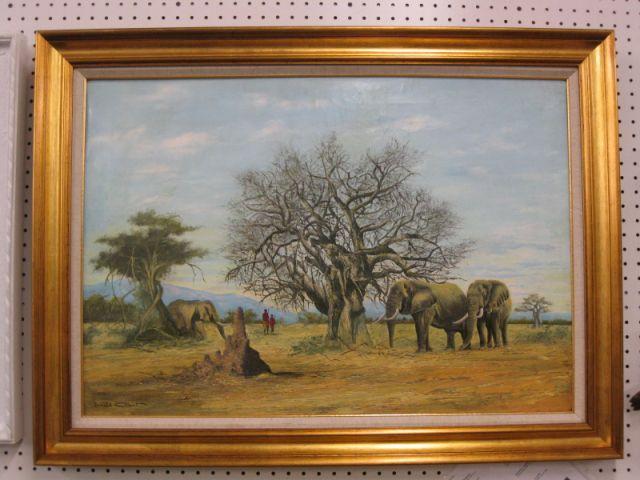 Appraisal: Donald Grant Oil Elephants Tribesmen well listed artist strong auction