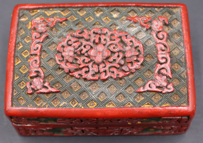 Appraisal: Chinese -Color Cinnabar Lidded Box Chinese tricolor cinnabar lidded box