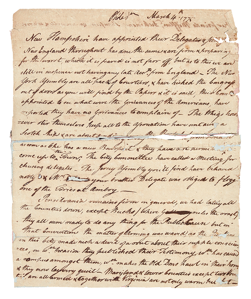 Appraisal: AMERICAN REVOLUTION--PRELUDE Fragmentary letter reporting on the delegates to the