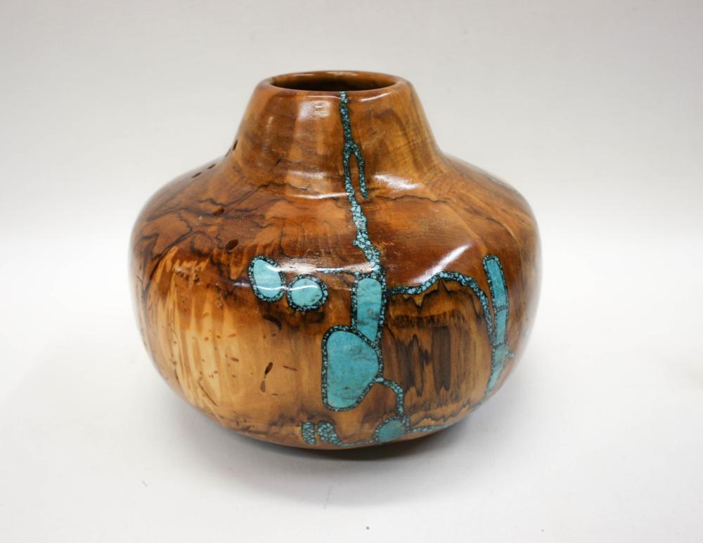 Appraisal: SPALTED ASPEN AND INLAID TURQUOISE VESSEL signed by artist Jimmy