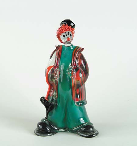 Appraisal: LARGE ITALIAN COLORED GLASS CLOWN Green with red striped outfit