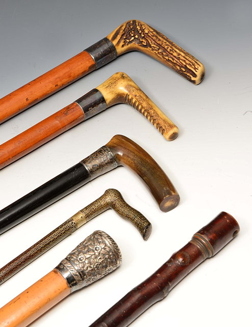 Appraisal: A GROUP OF SIX WALKING CANES including a malacca stick