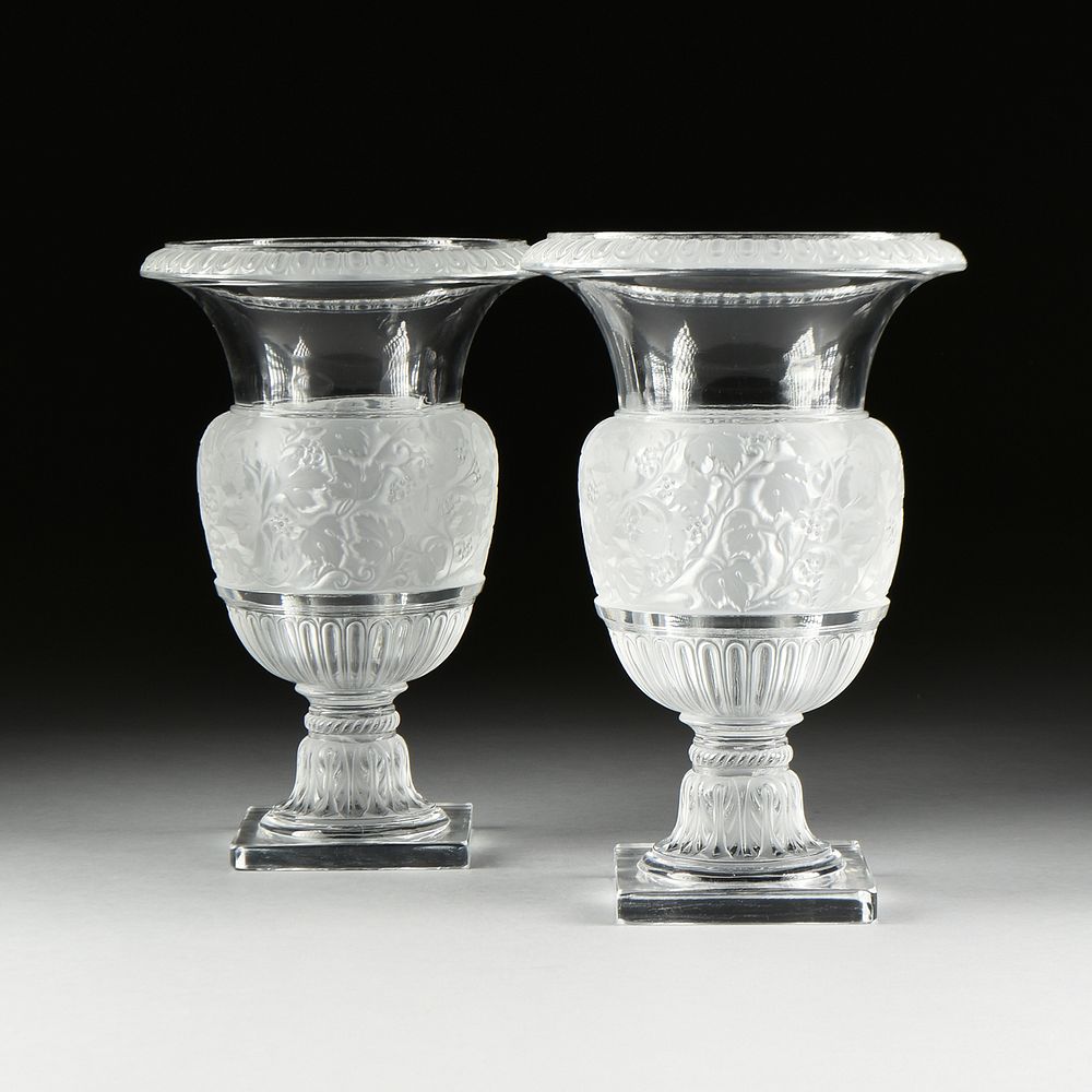 Appraisal: A PAIR OF LALIQUE FROSTED AND CLEAR CRYSTAL VERSAILLES VASES