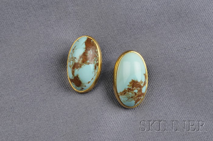 Appraisal: kt Gold and Turquoise Earclips each-bezel set with a cabochon