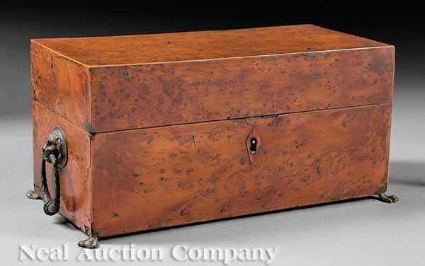 Appraisal: An English Burled Elm Tea Caddy c rectangular top lion's