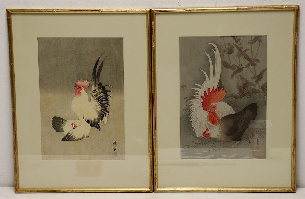 Appraisal: BAREI Signed Woodblock Prints Roosters Signed front and label verso