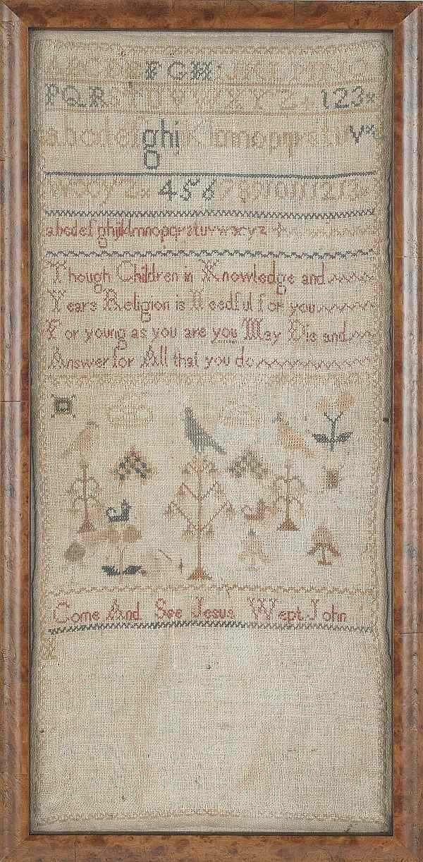 Appraisal: English silk on linen band sampler x