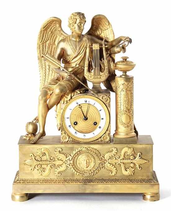 Appraisal: French figural gilt-bronze mantel clock circa seated Classical figure of