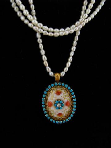 Appraisal: K Enameled Turquoise Pearl Necklace Italian