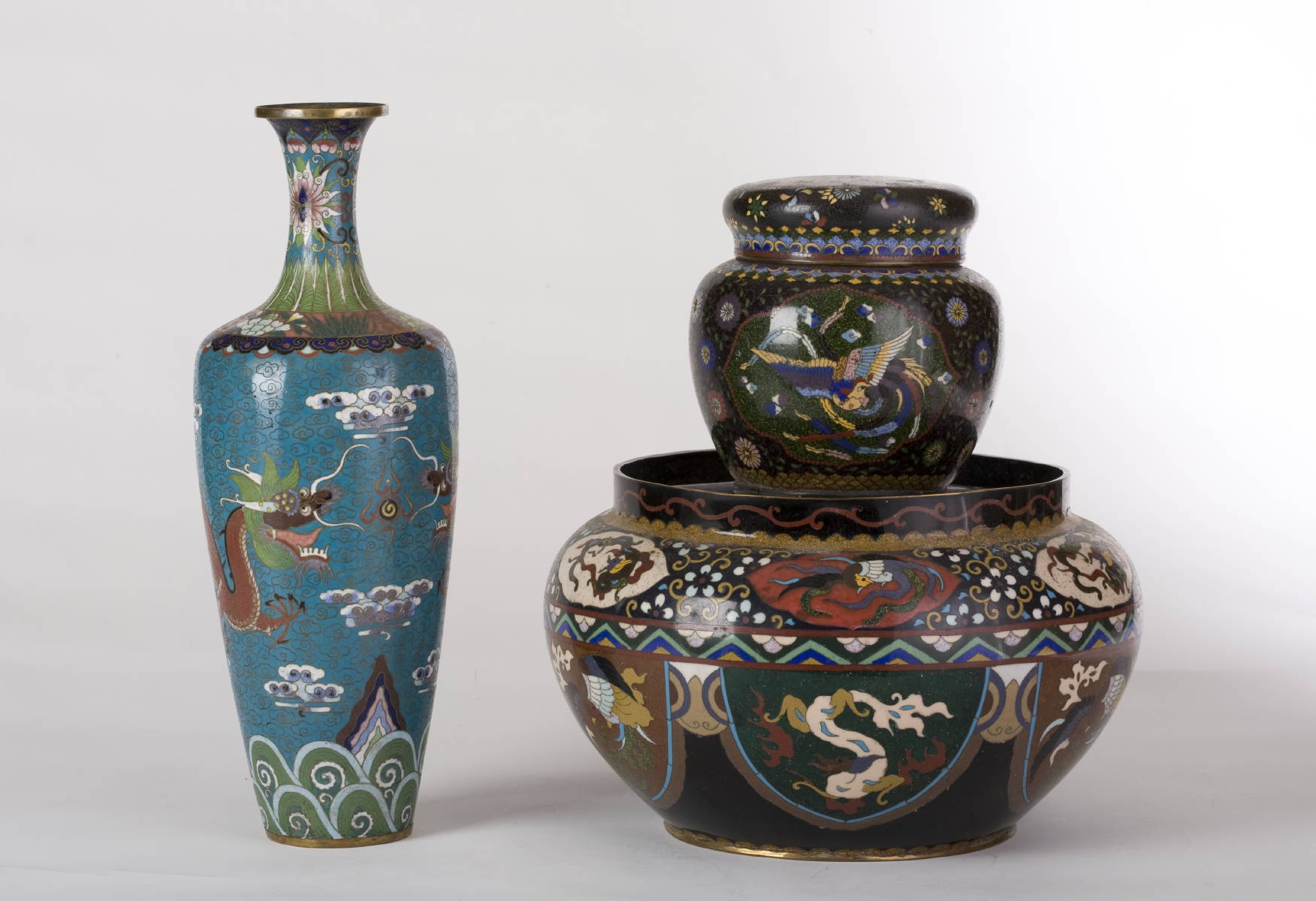 Appraisal: CHINESE CLOISONNE VASE WITH DRAGONS A JARDINIERE AND A COVERED