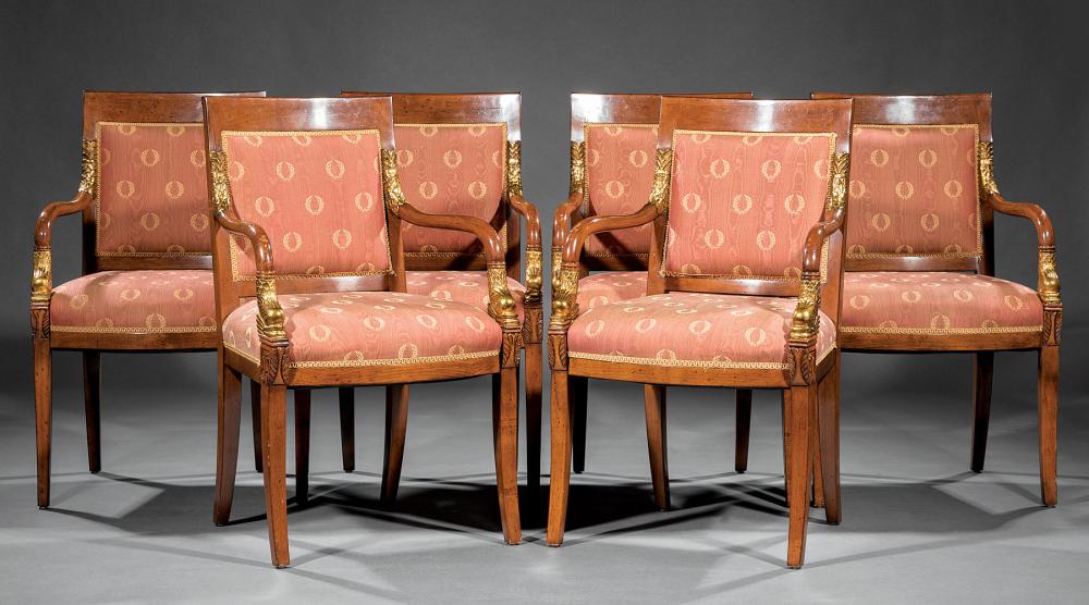 Appraisal: Six Restauration Carved and Gilded Fruitwood Armchairs padded back shaped