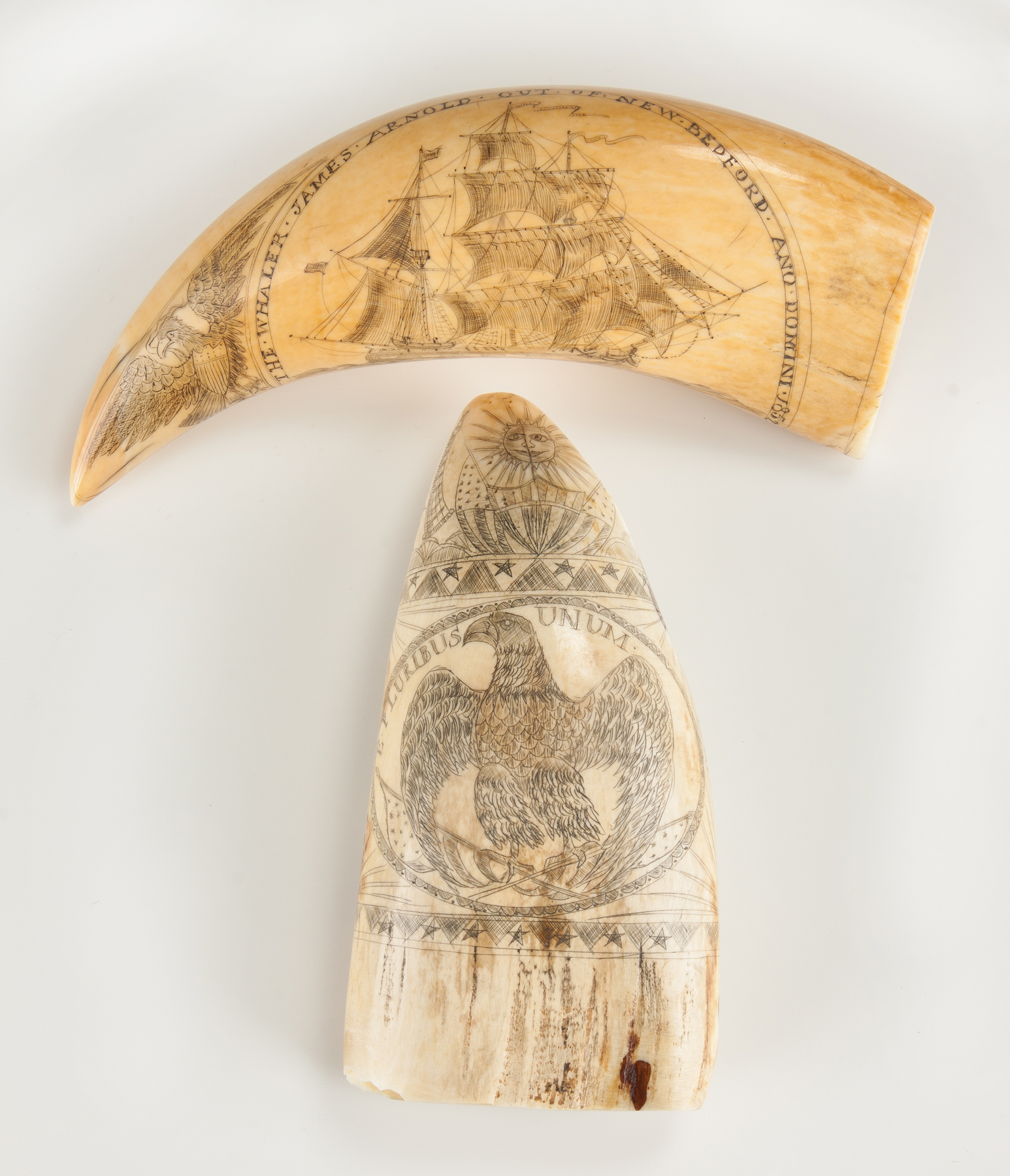 Appraisal: Two Scrimshaw Teeth th cent The Whaler James Arnold Out