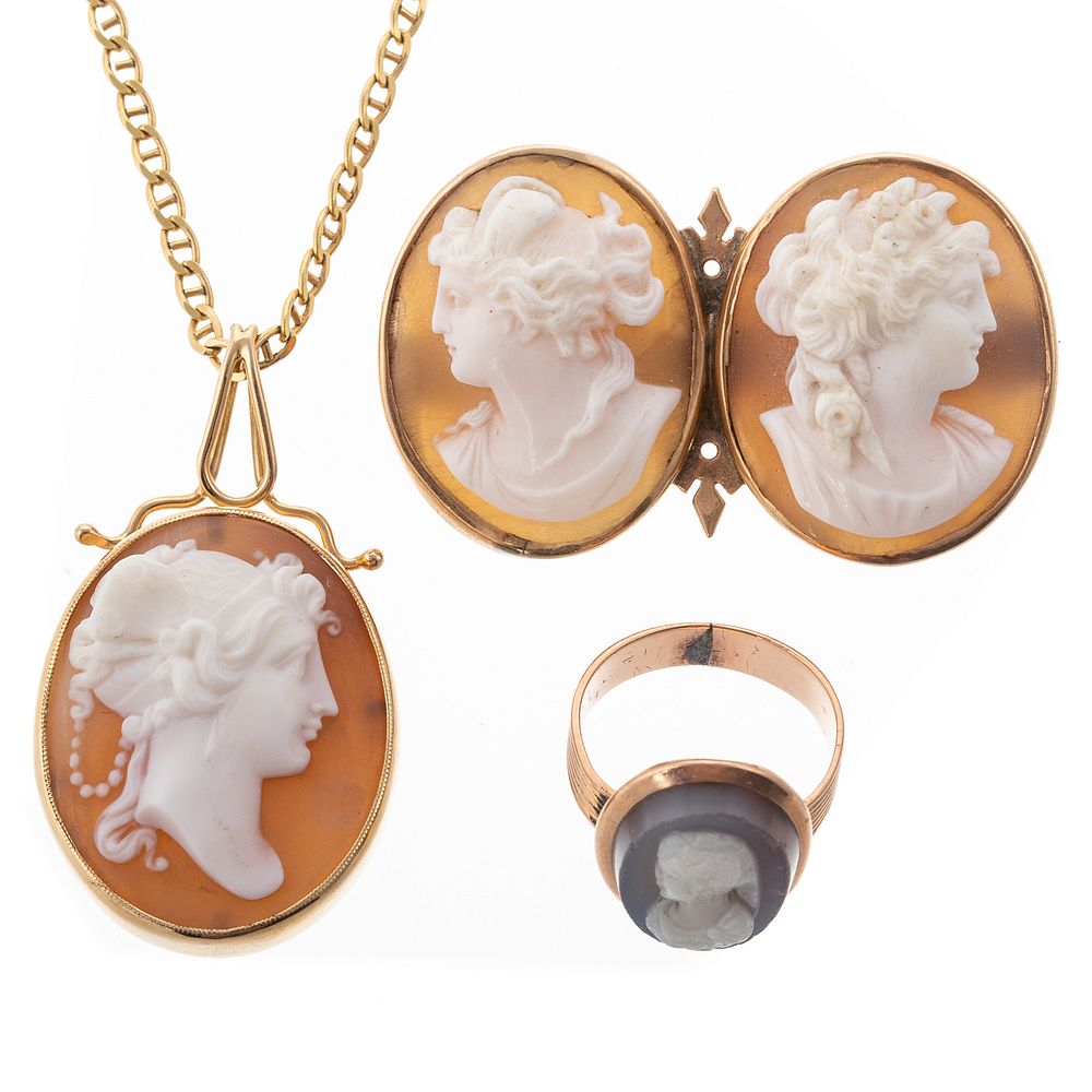 Appraisal: A Collection of Cameo Jewelry K yellow gold pendant with