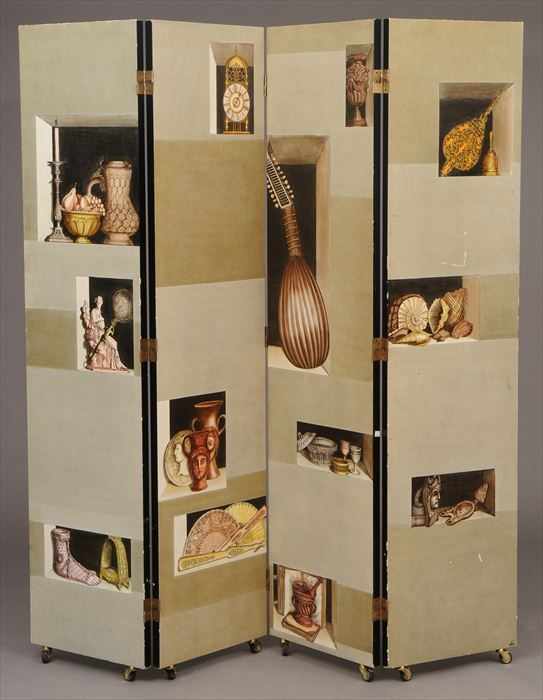 Appraisal: PIERO FORNASETTI - FOUR-PANEL FOLDING SCREEN One side decorated with