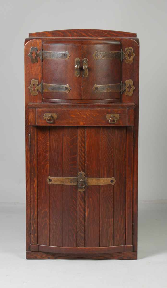 Appraisal: Arts Crafts Sawn Oak Humidor Liquor Cabinet Hammered copper hardware