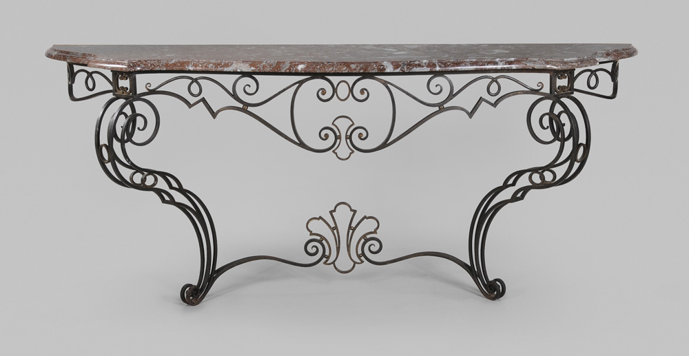 Appraisal: Wrought Iron and Bronze Marble-Top Console French early th century