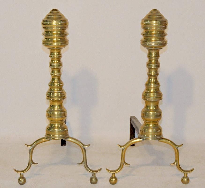 Appraisal: Pair of Federal Brass Andirons Beehive finials tall Condition Small