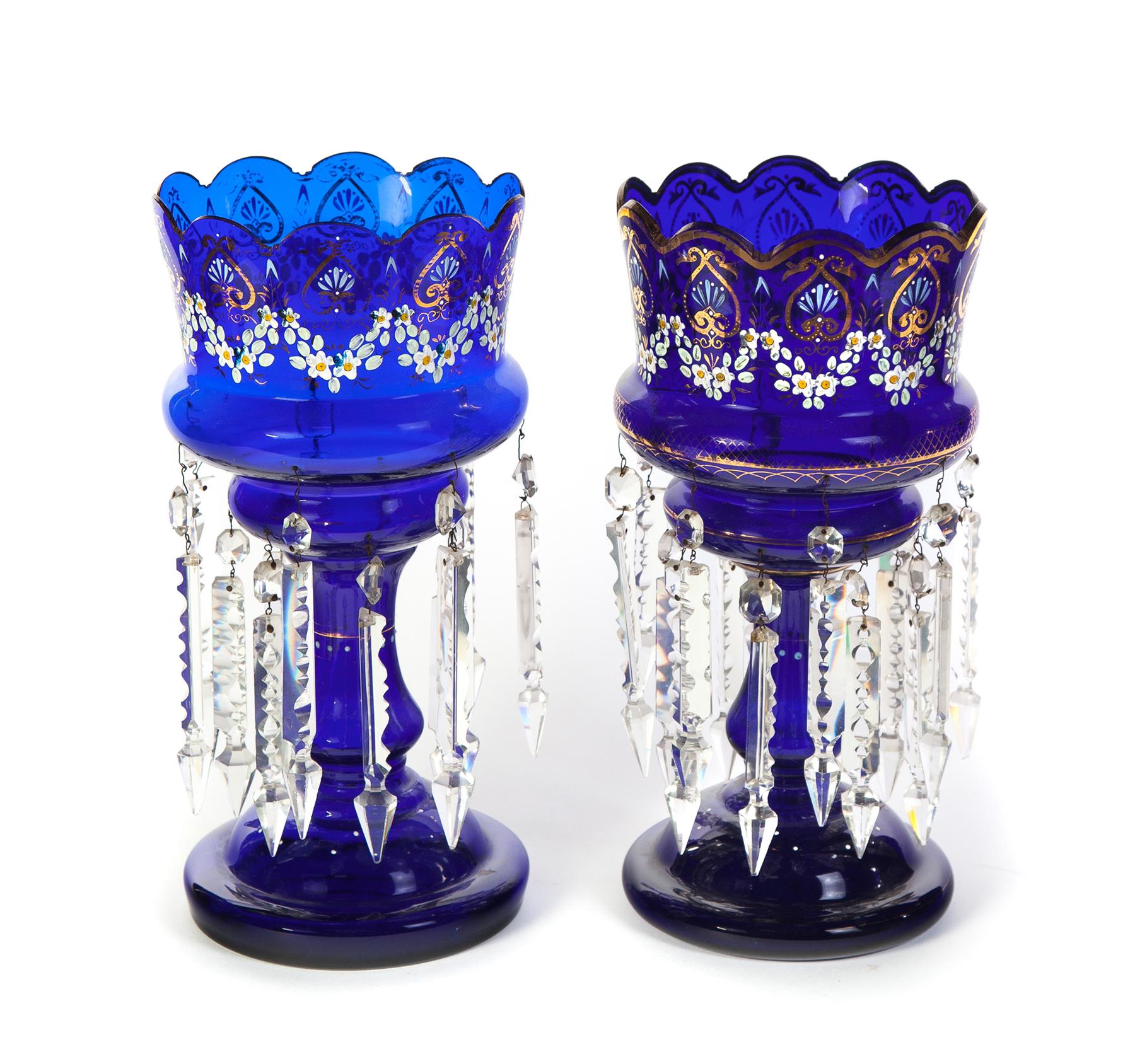 Appraisal: PAIR OF ENAMEL PAINTED BLUE GLASS LUSTRES American th quarter-