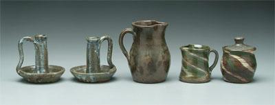 Appraisal: Five pieces B B Craig pottery two chambersticks mottled light