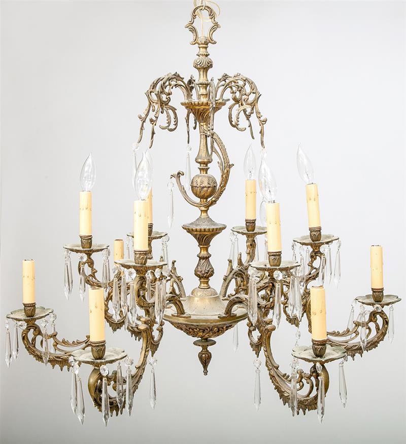 Appraisal: LOUIS XV STYLE GLASS-HUNG GILT-METAL TWELVE-LIGHT CHANDELIER x in Estimate