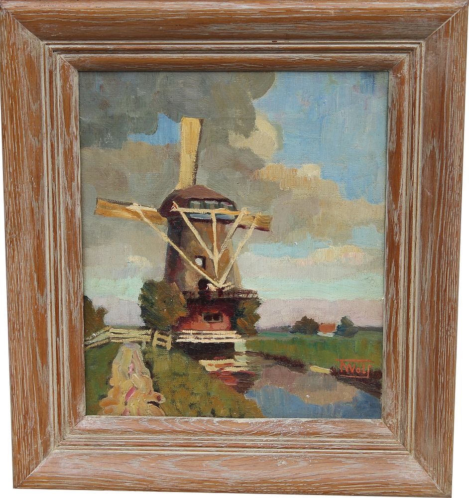 Appraisal: Signed th C Painting of Windmill Near River Signed th