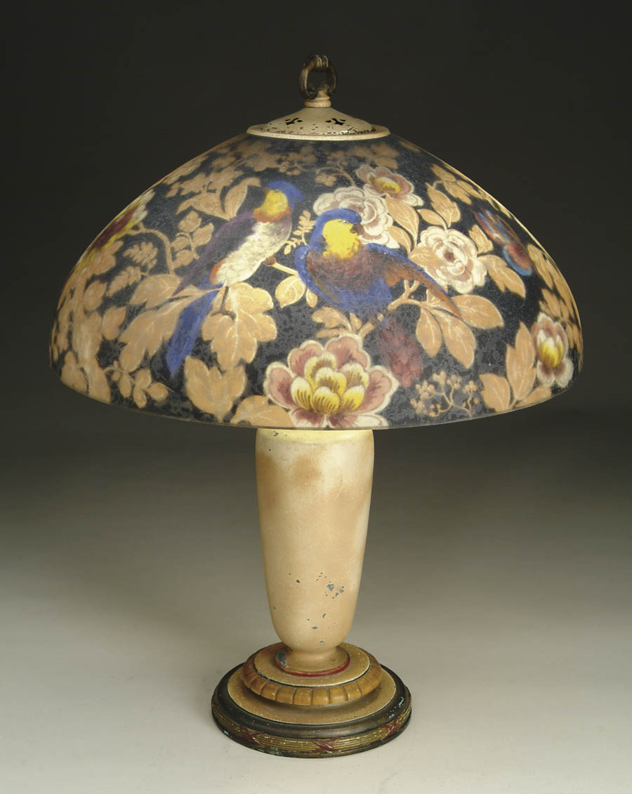 Appraisal: HANDEL REVERSE PAINTED TABLE LAMP Pretty colorful hand-painted parrots butterflies