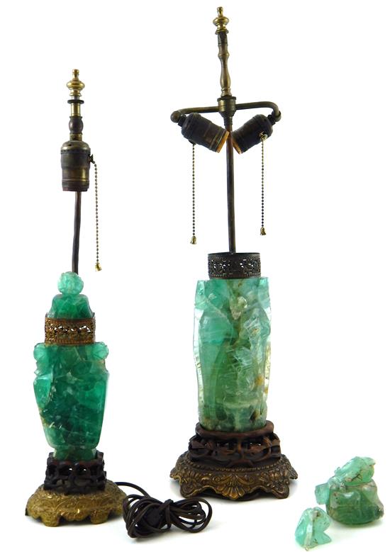 Appraisal: ASIAN Two similar urn form carved green quartz lamp bases