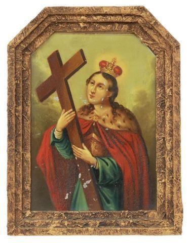 Appraisal: Framed oil on tin retablo depicting Saint Helena holding the