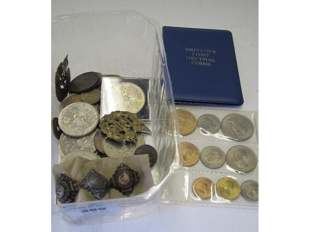 Appraisal: Box of assorted coins pipes badges