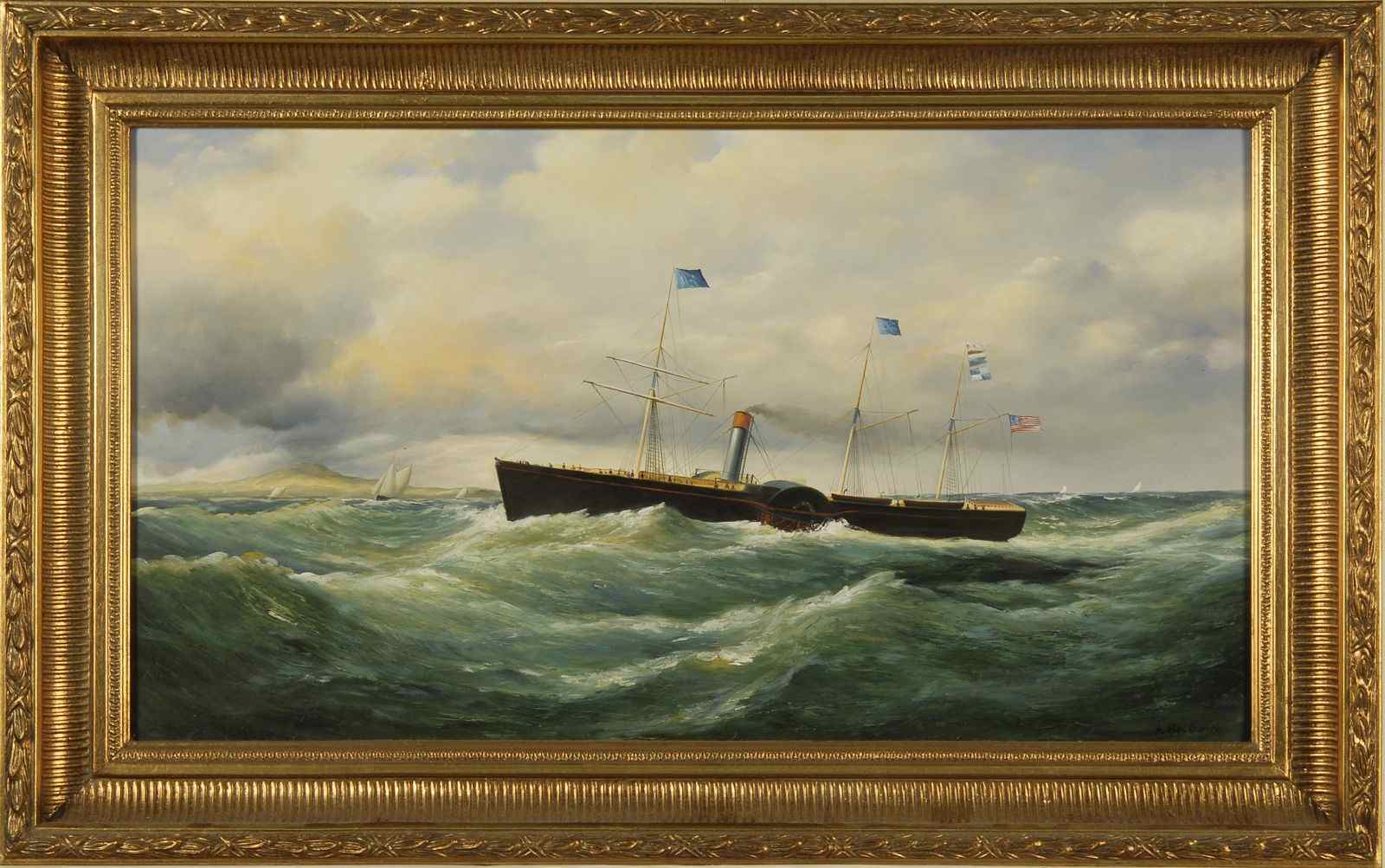 Appraisal: FRAMED PAINTING th CenturyA paddle steamer cruising through rolling seas