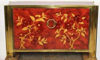 Appraisal: Vintage Mastercraft red lacquered credenza Vintage Mastercraft red floral lacquered