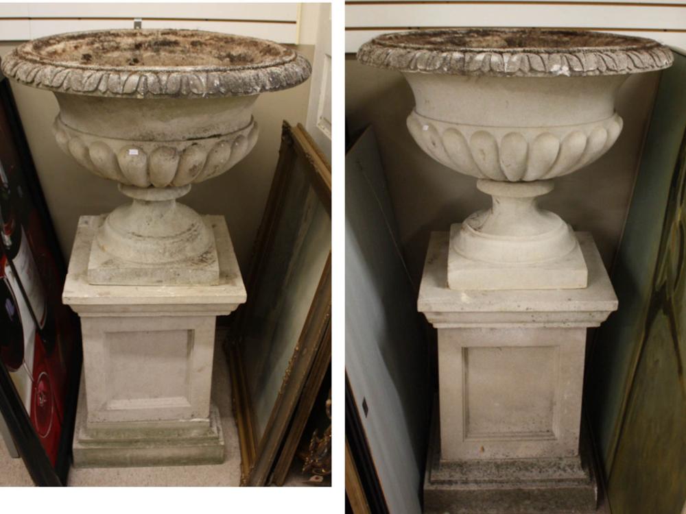 Appraisal: A PAIR OF CONCRETE GARDEN PLANTERS ON PEDESTALS each planter