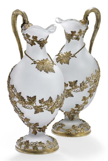 Appraisal: A pair of early Victorian silver-gilt frosted glass wine ewers