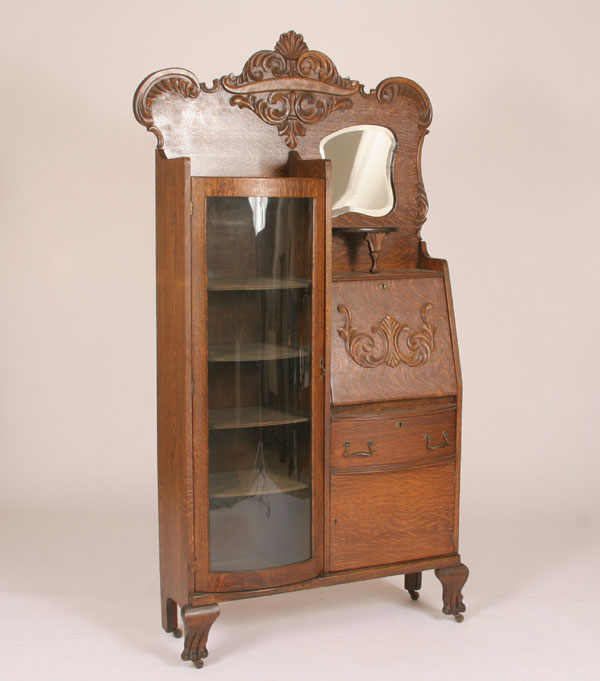 Appraisal: Oak secretary bookcase curved front drop front desk ornate gingerbread