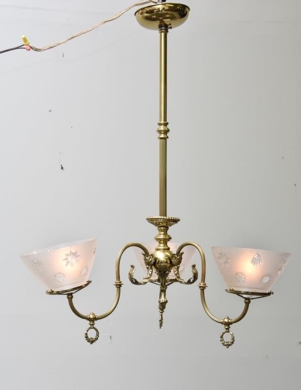 Appraisal: Victorian three-light brass and glass chandelier x