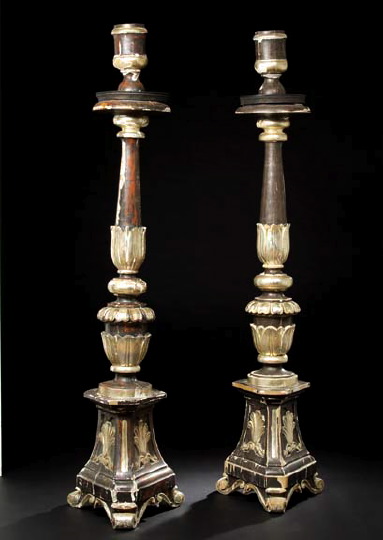 Appraisal: Monumental Pair of Italian Carved Polychromed and Argente Wood Torcheres