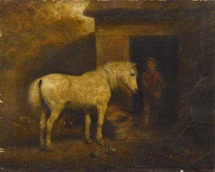 Appraisal: American School th century white horse with stable boy in