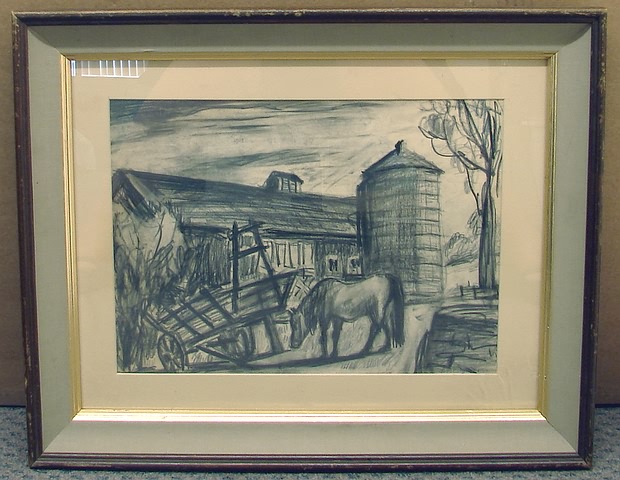 Appraisal: Farm landscape with horse charcoal and pencil x sight SLR