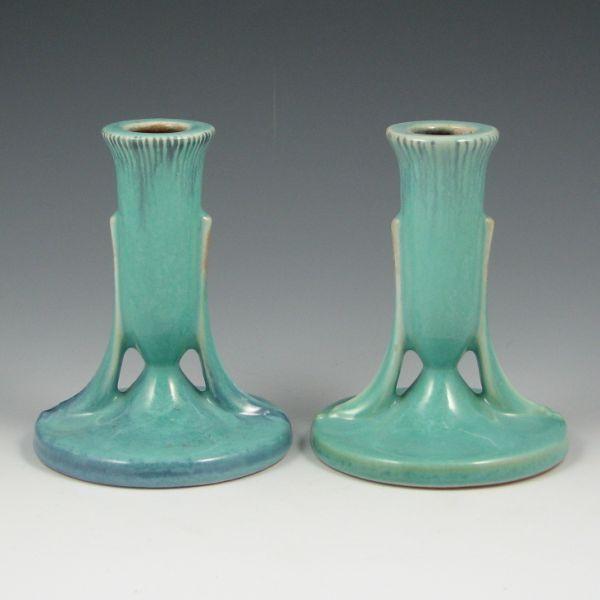 Appraisal: Pair of Roseville Orian - candleholders in turquoise and blue