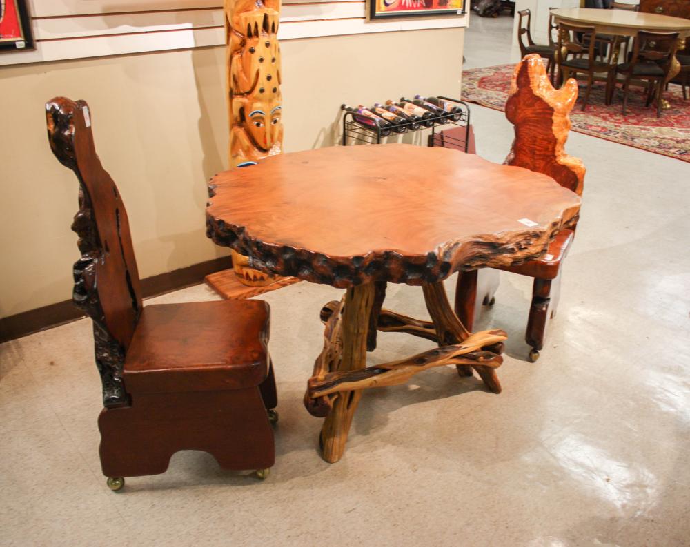 Appraisal: CUSTOM ARTISAN STUDIO REDWOOD BURL TABLE AND TWO CHAIRS GROUP