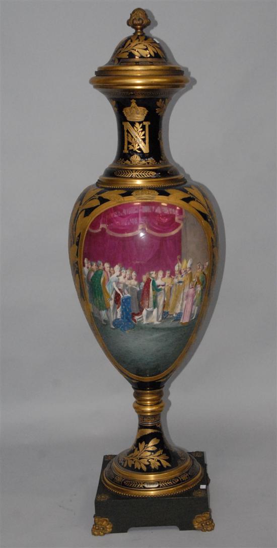 Appraisal: A NAPOLEONIC-STYLE SEVRES LIDDED PALACE SIZE VASE Decorated with oval