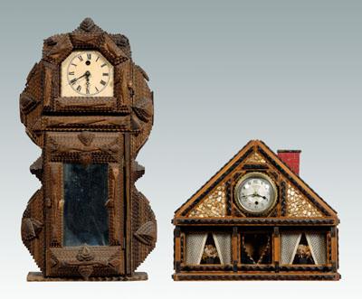 Appraisal: Two folk art clocks French key-wind clock case shaped as