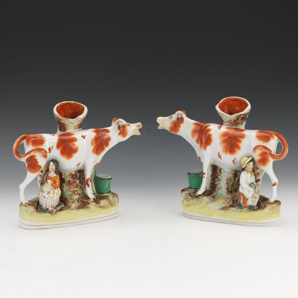 Appraisal: PAIR OF STAFFORDSHIRE FLATBACK COW AND MILKMAID SPILL VASES x