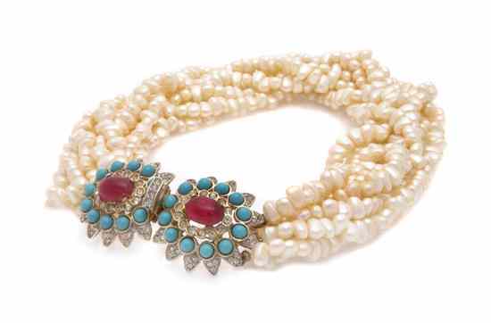 Appraisal: A Kenneth Jay Lane Multistrand Faux Pearl Crystal and Turquoise