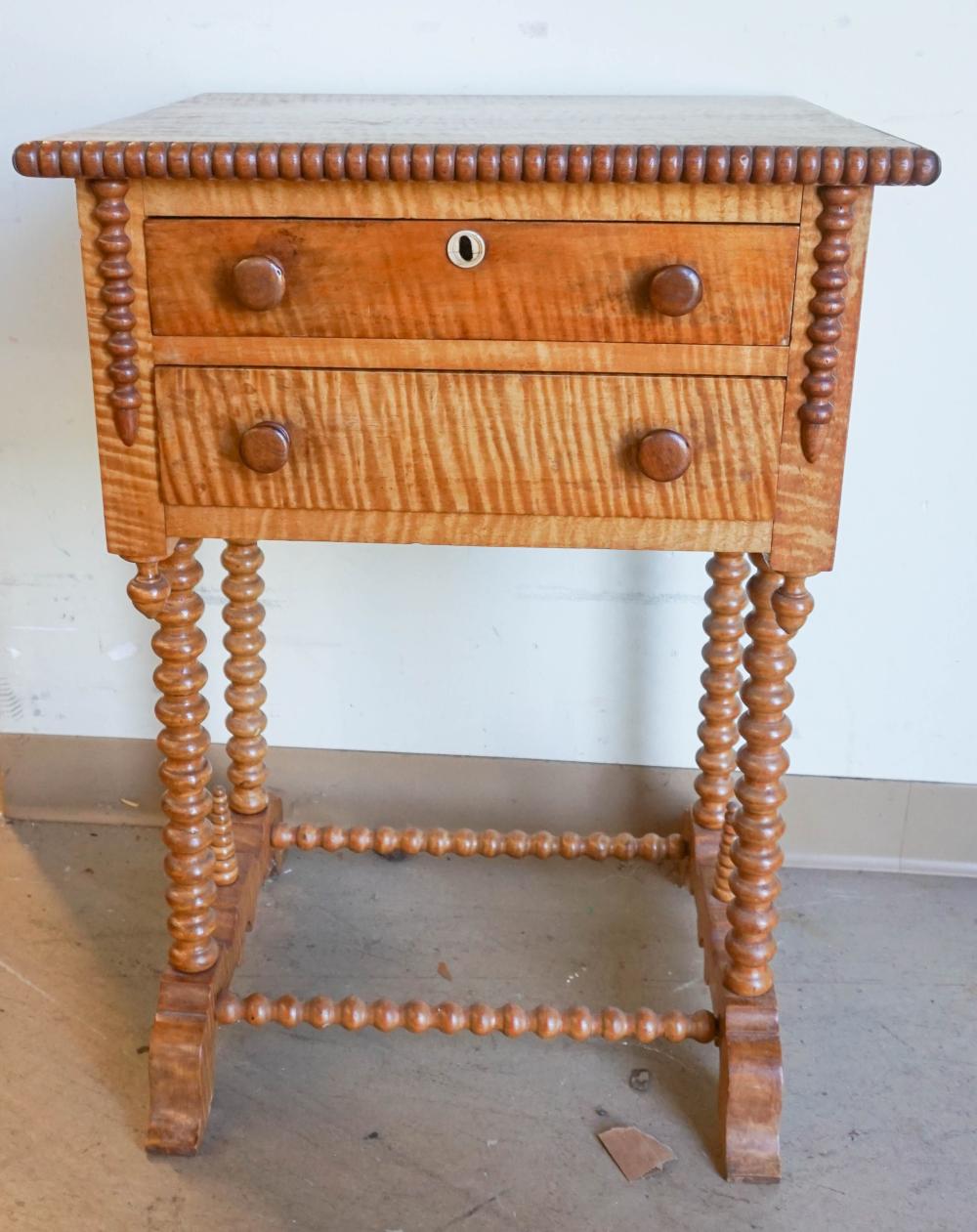 Appraisal: AMERICAN FIGURED MAPLE TWO DRAWER WORK TABLE X X IN