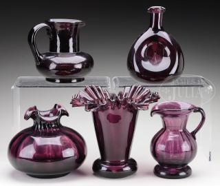 Appraisal: GROUP OF FIVE AMETHYST GLASS VESSELS GROUP OF FIVE AMETHYST