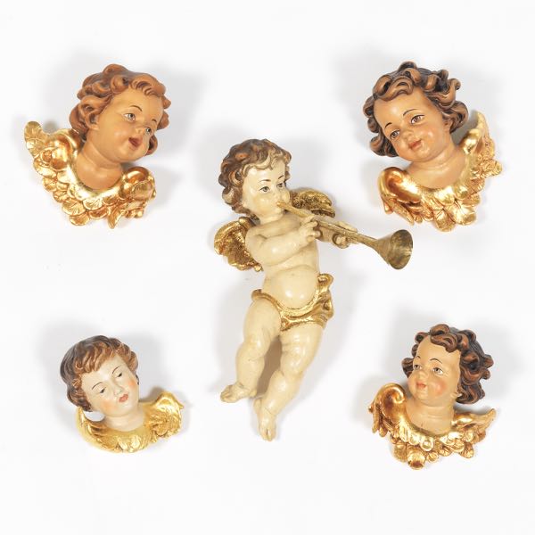 Appraisal: GROUP OF FIVE CARVED WOOD ANGELS Four carved wood angel