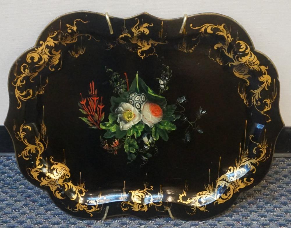 Appraisal: ENGLISH VICTORIAN FLORAL ENAMEL AND GILT BLACK PAPIER MACHE TRAY