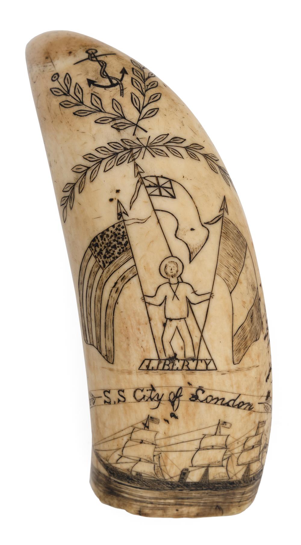 Appraisal: SCRIMSHAW WHALE'S TOOTH WITH SAILING MOTIFS TH CENTURY LENGTH WITH